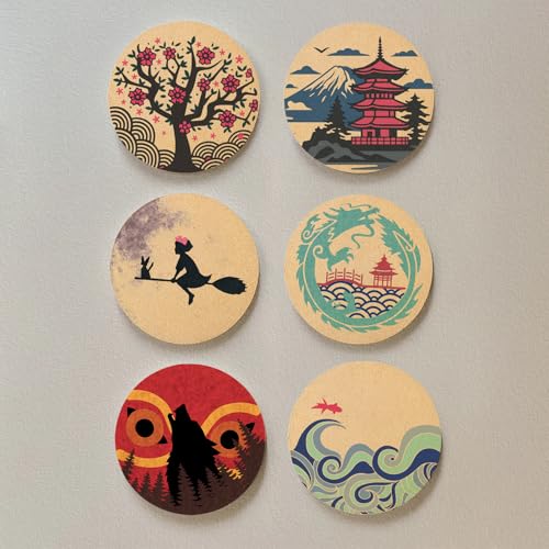 Coasters for Drinks with Holder Set of 6, Japanese Cork Coasters Absorbent Animation for Office Desk Cup Table Coaster Kitchen Decor Inspired House Warming Gifts for New Home Couples, Round 4" - color: Japanese