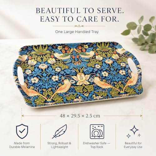 Pimpernel Morris & Co Strawberry Thief Blue Tray with Handles - Decorative Melamine Serving Tray for Afternoon Tea, Coffee Table Display, Garden Party Entertaining, Charcuterie Board, Gifting - size: 18.9" x 11.6" x 1", style: Blue Strawberry Thief
