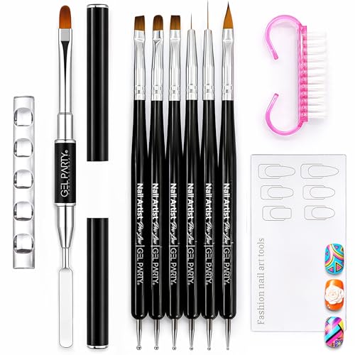 GELPARTY Professional Nail Art Brush Kit – 10 Pcs Dual-Ended Nail Art Tools Set with 6 Brush & Dotting Pens, Poly Gel Tool, Nail Brush, Brush Holder & Nail Art Palette – Salon & Home Use