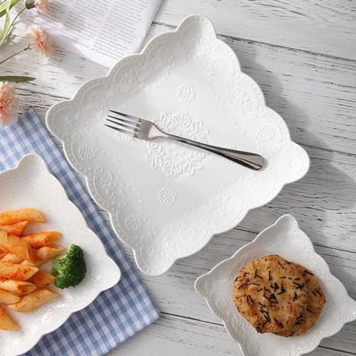 YBKTEX Ceramic Plate, Square Embossed Lace Plate (White, 8-inch) - color: White, size: 8-Inch
