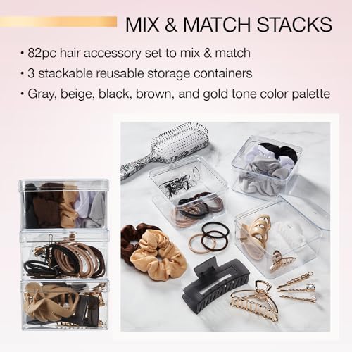 Scunci by Conair 82 Piece hair accessory kit - hair accessories for women - neutral colors- 3 stackable containers - color: Neutral