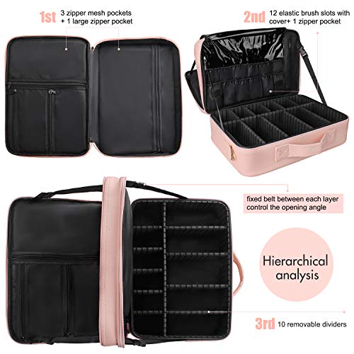 Relavel Makeup Case Large Makeup Bag Professional Train Case 16.5 inches Travel Cosmetic Organizer Brush Holder Waterproof Makeup Artist Storage Box, 3 Layer Large with Adjustable Strap (Pink) - color: Pink, size: Large