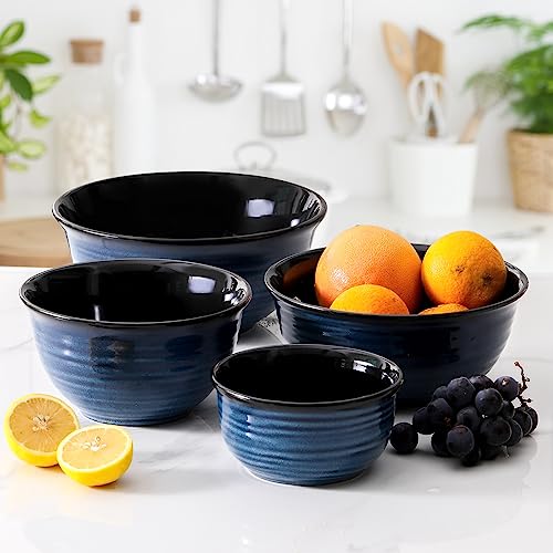HASENSE Mixing Bowls for Cooking, Baking, Ceramic Serving Dishes Set of 4 for Salad, Fruits, Popcorn, Versatile Nesting Bowls for Housewarming Gift, 2.1/1.5/1.0/0.5 Qt, Dishwasher & Microwave Safe - color: Blue, size: 20+40+65+84 Ounce