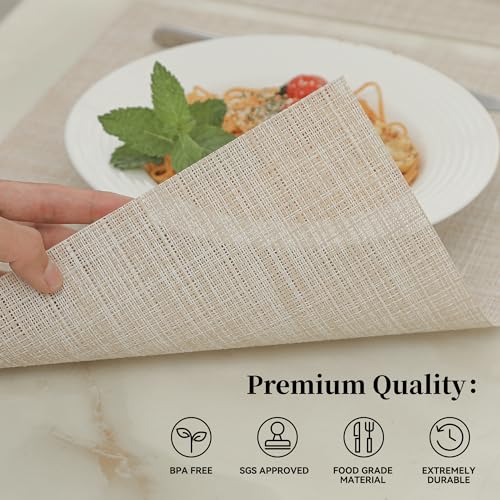 Leetaltree Woven Vinyl Beige Placemats Set of 16, Linen Look & Easy to Clean - color: Beige, size: Set of 16