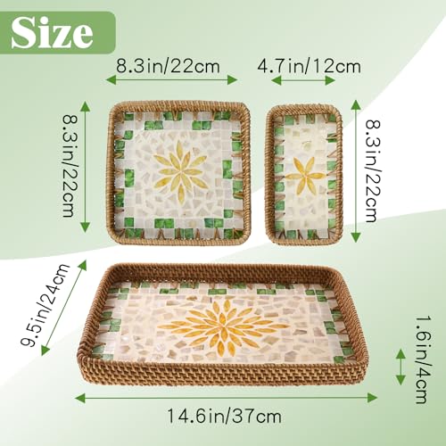 3 Pcs Rectangle Rattan Mother of Pearl Inlay Shell Decorative Serving Tray - color: Yellow Flower