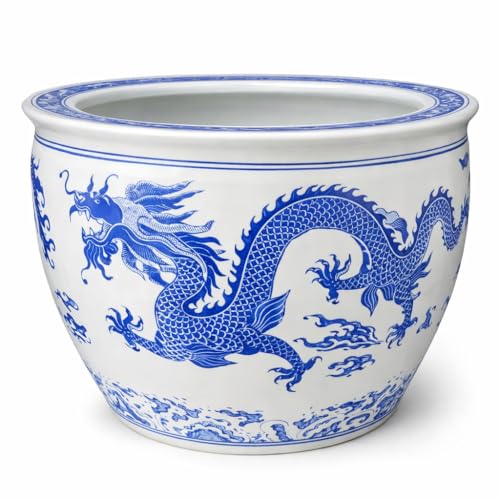 16" Blue and White Two Dragons Playing with a Pearl Fishbowl - color: blue and white