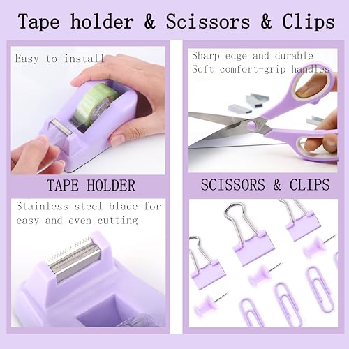 Dimonluce Purple Desk Accessories, Purple Office Supplies Accessories with Tape Dispenser, Stapler, Staple Remover, 1000 Staples, Tape, Clips Set, Ruler, Scissor, Pen - color: Purple