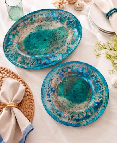 Radiance Teal 2pc Melamine Platter Set – 14" Round & 18"x13.5" Oval Serving Trays – Reactive Glaze Style Artisan Serveware for Entertaining, Holidays, Dinner Parties, or Gifts