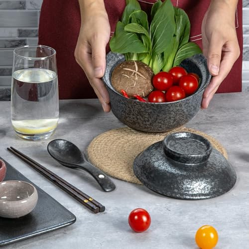 Ceramic Ramen Bowl Set Ramen Noodle Bowl with Lid 27oz Japanese Retro Style Soup, Pho, Udon Bowls, Matching Spoons and Chopsticks for Microwave & Dishwasher Safe, Black - color: Black, size: 1 PC