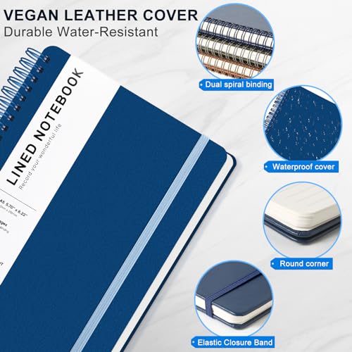 Lined Spiral Notebook for Women, A5 College Ruled Leather Spiral Journals - color: Blue, size: A5
