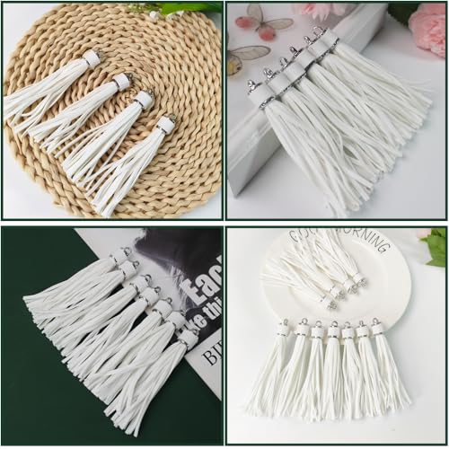 4.3''White Leather Tassels 12Pcs with Silver Caps for Keychains - color: White