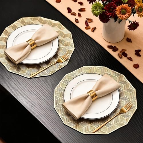Quantum Love Round Placemats Gold Cube Metallic Set of 6 Vinyl Hollow Placemats 15 Inch, Wipeable Non Slip Stain Washable Easy Clean Heat Resistant Dining Table Place Mats for Wedding Party Decoration - color: Gold Cube