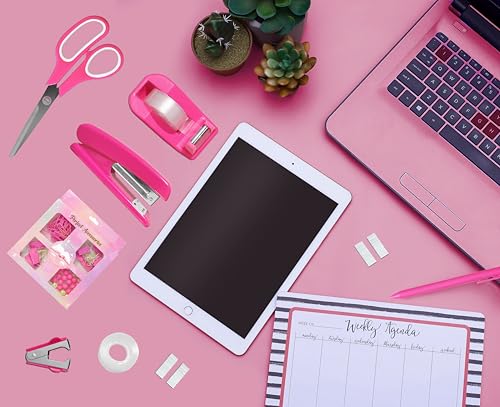 Dimonluce Hot Pink Desk Accessories, Hot Pink Office Supplies Accessories with Tape Dispenser, Stapler, Staple Remover, 1000 Staples, Tape, Clips Set, Ruler, Scissor, Pen - color: Hot Pink