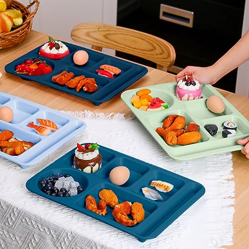 Pinkunn 12 Pcs 14'' Large Divided Plates Unbreakable Wheat Straw Lunch Trays 6 Compartments Cafeteria Trays Microwave Dishwasher Safe Food Separator Plates (Blue, Green, Dark Blue, Dark Green) - color: Blue, Green, Dark Blue, Dark Green