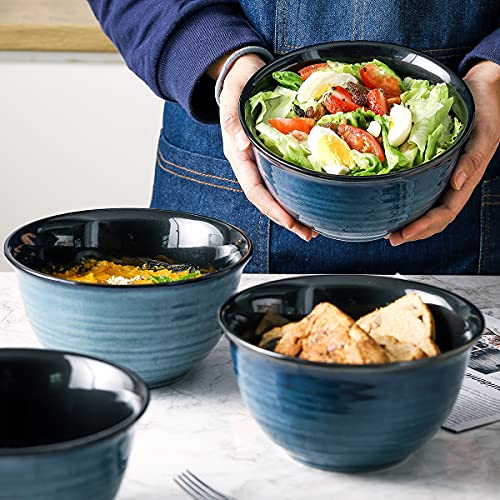 HASENSE Soup Bowls for Kitchen, 40 Ounce Large Cereal Bowls, 7 Inch Ceramic Serving Bowls for Salad Pasta Soup Popcorn, Dishwasher & Microwave Safe, Set of 4(Blue) - color: Blue, size: 40 Ounce