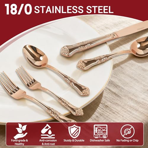 Silverware Set,Stainless Steel Flatware Cutlery Set with Floral Handles,Included Knife Spoon and Fork, Mirror Polished Cutlery Utensil Sets for Home Kitchen Restaurant Wedding, Party - color: Rosegold, size: 20 pieces for 4