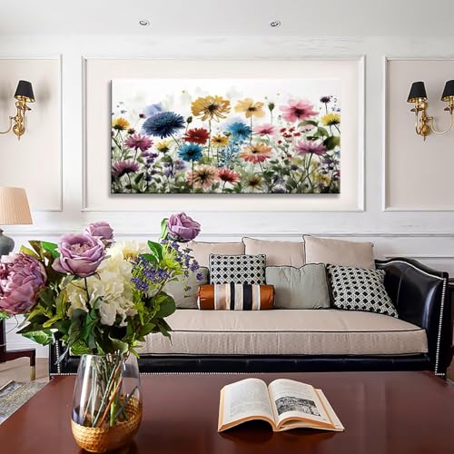 KZKU Flower Wall Art Canvas Prints Multi-colored Watercolor wildflowers Pictures Wall Decor Artwork Home Decor for Living Room Dining Room Bedroom Office Bathroom 24" x 48" - color: Colorful Flowers, size: 48"L x 24"W