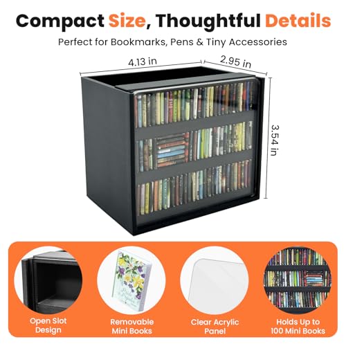 Black Anxiety Bookshelf with 100 Mini Books, Miniature Library Shake Away Your Anxiety, Aesthetic Desktop Bookmark Holder, Pencil Organizer, Bookish Decor, Stress Relief Gift for Avid Readers - color: Black