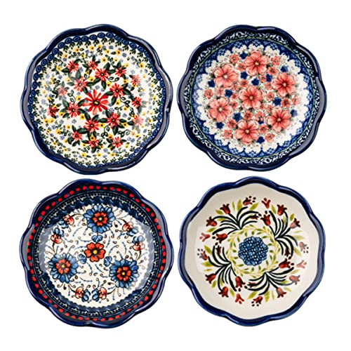 Sizikato 4pcs Porcelain Appetizer Plate, 4-Inch Snack Plate Sauce Dipping Saucer, Exotic Flower Pattern - color: 4 colors