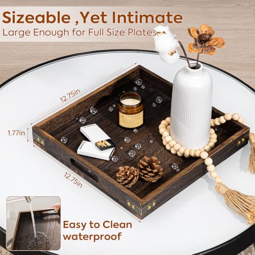 Serving Tray with Handles,Wood Decorative Tray,Square Large Serving Platter - size: 13" x 13" x 1.8"