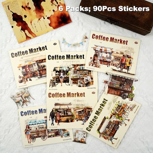 90 Pcs Vintage Coffee Shop PET Stickers for Scrapbook Journaling - color: Coffee Market