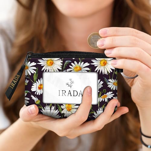 IRADA ID Case Wallet Keychain with Clear ID Window Zipper Cute Coin Purse for Women Water Resistant Small Coin Pouch-Daisy Keychain Wallet - color: Daisy-Keychain Wallet