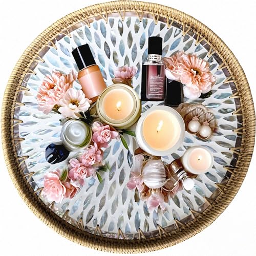i-lan 16" Rattan & Mother of Pearl Round Decorative Serving Tray for Table - size: 16"