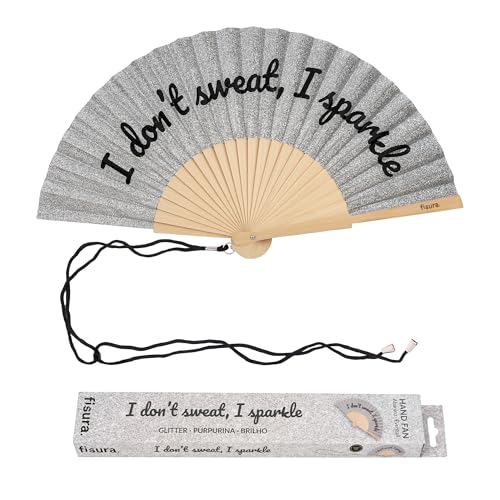 Fisura – Original folding fan with “I Don’t Sweat” message. Modern and colorful wooden folding fan. Silver glitter folding fan. Includes strap. Fun gift idea. 16.7 x 9 in. - color: Sparkle, Silver