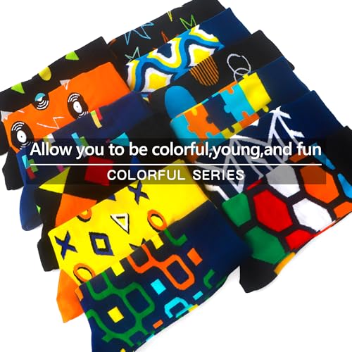 WeciBor Men's Combed Cotton Novelty Crew Socks Size 7-15 - color: Black/Blue/Orange/Yellow/Multicolor Geometric-12m, size: 13-15