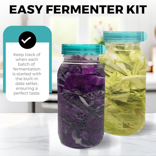 Fermentation Starter Set, Includes 3 Airlock Fermentation Lids and 3 Glass Weights, Sauerkraut Fermenting Kit for Wide Mouth Mason Jar, Pickles, Vegetables, & Kimchi Making Kit - color: Teal