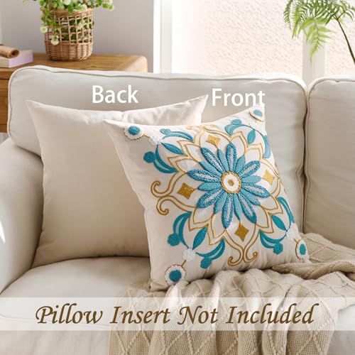Embroidered Floral Throw Pillow Cover 18x18 Set of 1 Teal - color: Teal, size: 18" x 18" (Pack of 1)
