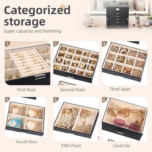 BOOVO Large Jewelry Box for Women 6 Layer - color: Silver and Black, size: 6 Layer