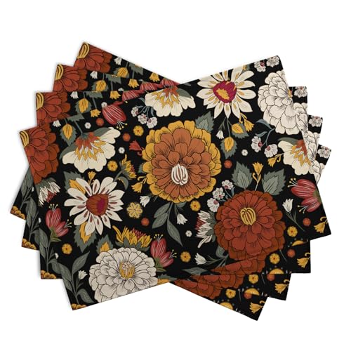 Black Boho Floral Placemats Set of 4 Spring Summer Vintage Flowers Botanical Decorative Table Mats Mid Century Modern Linen Place Mats for Party Kitchen Dining Outdoor Indoor Decor - color: Black Boho Floral