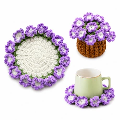 Flower Crochet Coasters Set, Handmade Bouquet Coaster with Crochet Plant Pot, Cute Drink Coasters for Desk Coffee Table, Foldable Decorative Coasters for Home Office Decor Gift (Purple) - color: Purple