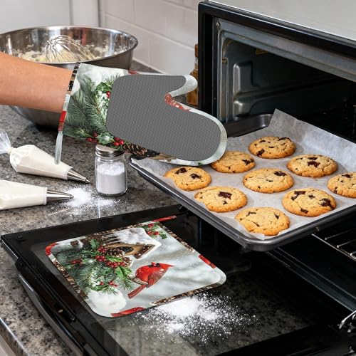 Cardinal Heat-Resistant Silicone Oven Mitts and Pot Holder 4 Piece Set,Christmas Berry Non-Slip Kitchen Oven Gloves for Baking, BBQ, Cooking,Grilling - color: Cardinal Christmas Berry
