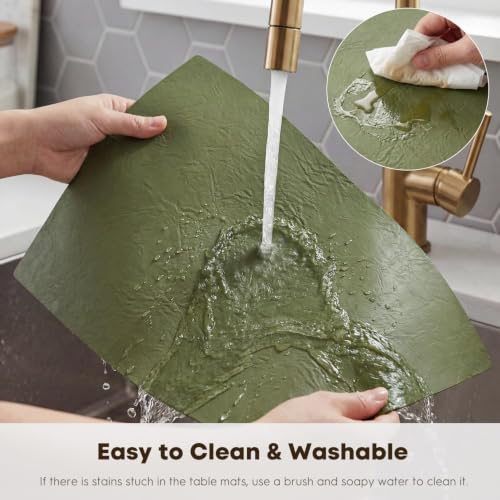 Artoid Mode Olive Green Faux Leather Placemats Set of 6, 12x18 Inch Waterproof Wipeable Heat Resistant Vinyl Place Mats, Reversible Table Mats for Kitchen Dining Decor - color: Olive Green, size: 12" x 18", Rectangular Set of 6