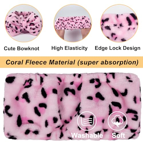 Shintop Women Fashion Lovely Soft Carol Fleece Bowknot Bow Makeup Cosmetic Shower Elastic Hair Band Hairlace Headband (Pink) - color: pink leopard