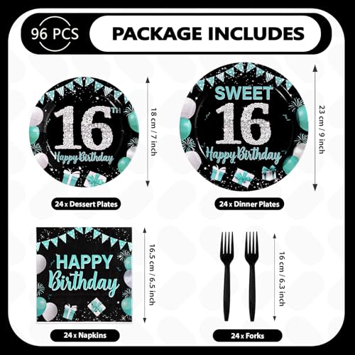 96Pcs 16th Birthday Party Supplies Teal Blue and Black Serves 24 - style: Peacock Blue Black 16th Birthday