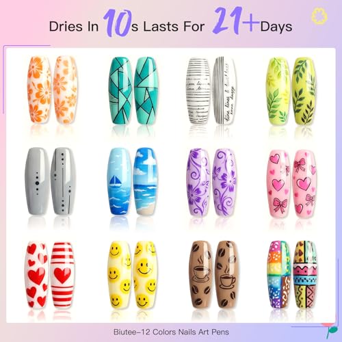 Biutee 12 Colors Nail Art Pens Set for Painting Nails 0.5 mm Fine Tip 3D - color: MulticolorA