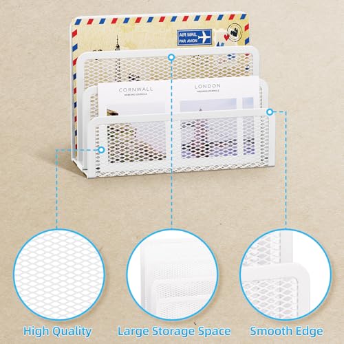 Marbrasse Mail Organizer for Desk, 3-Slot Mesh Metal Mail Holder countertop, Letter Holder, Office Desktop Envelope and Document Storage Rack (White) - color: White