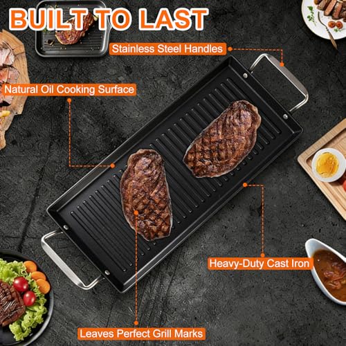 26.7"x8.6" Pre-Seasoned Cast Iron Griddle for Gas Grill for Double Burner - size: 26.7" x 8.6" x 1"