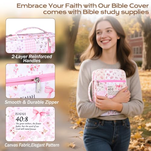 XKDOUS Bible Cover Case for Women Bible Bag Journaling Kit w/Study Supplies - color: Canvas Pink Patchwork, size: Large