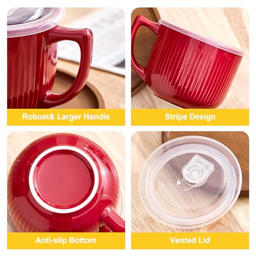 Ceramic Soup Bowl with Handle & Lid, 32oz Microwave Ramen Bowl Set of 2 - color: Burgundy Red 2 pcs-32, size: 32 OZ