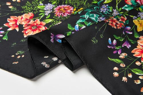 100% Mulberry Silk Scarf - 25.6" Square Neckerchief & Headscarf Gift Packed - color: Black-garden