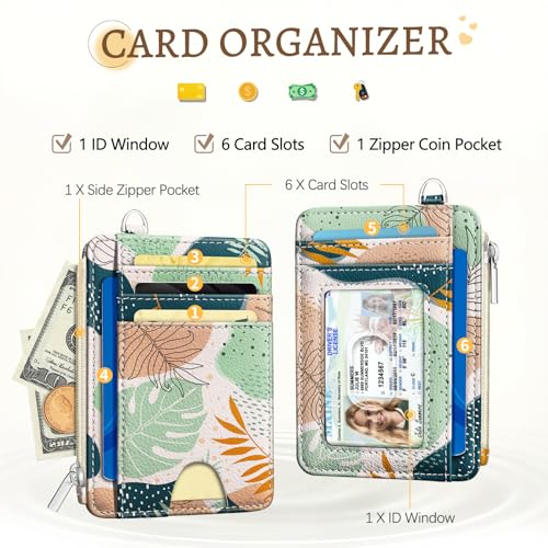 Kelvoris Credit Card Holder Small Wallet Women, Slim RFID, Abstract Leaves - color: Leaf