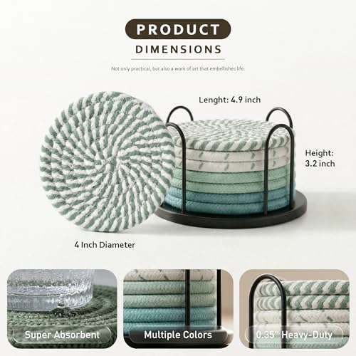 Lazebox Coasters Set of 8 for Drinks, 4 Inch Large Coasters for Coffee Table, Tabletop Protection for Hot & Cold Drinks, Versatile Coasters for Home Decor, Non-Slip & Easy to Clean, Mint Green - color: Mint Green