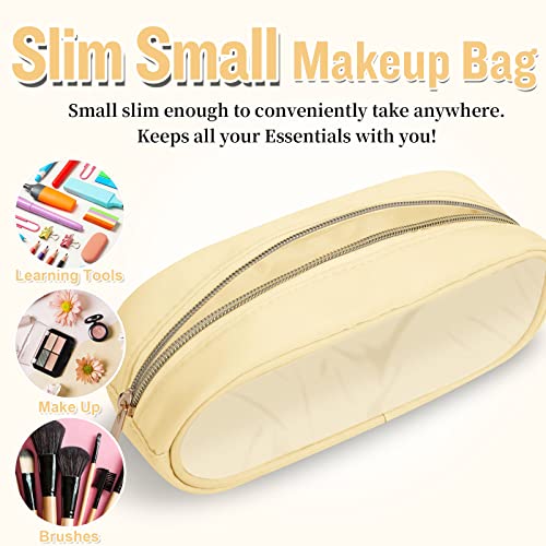 Nylon Small Clear Makeup Bag Slim Pencil Pouch, Cute Makeup Bag Preppy Cosmetic Zipper Pouch Pencil Case for Purse, Travel PVC Toiletry Bag Clutch Coin Pouch Makeup Brush Bag for Women Girls(Beige) - color: Beige-Clear, size: Slim