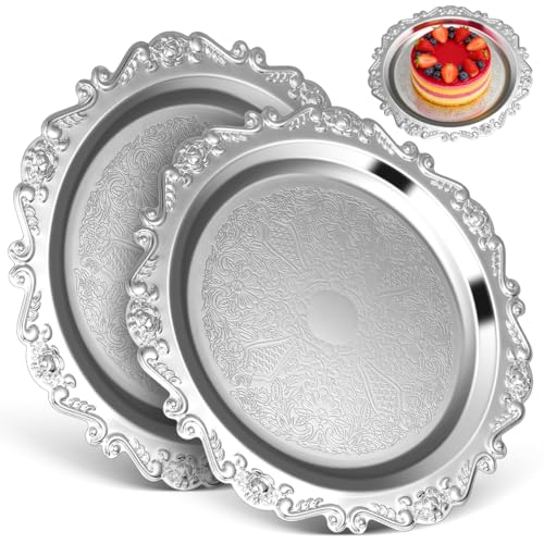 Garneck 2Pcs 9.83in Silver Serving Tray Vintage Iron Dessert Jewelry Plate