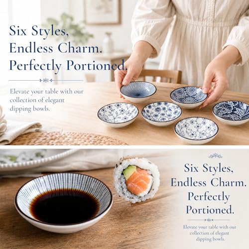 ZENFUN 12 Pcs Soy Sauce Dishes, Tiny Bowls, 3 oz Dipping Bowls for Condiment Sushi, Elegant Mini Bowl for Side Dish, Ketchup, Appetizer Plates, Ceramic, Blue and White - size: mini