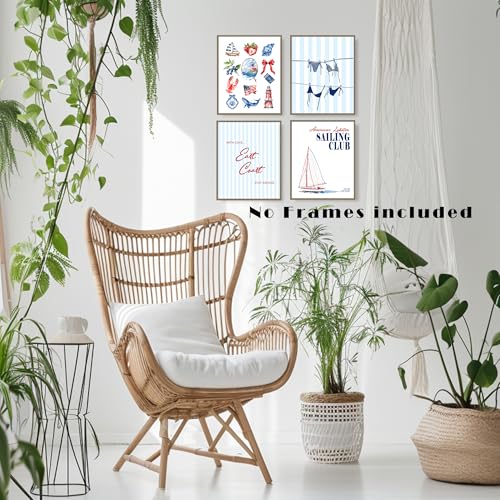 LUKIPOM Coastal Beach Nautical Wall Art Prints 8x10 Set of 4, Coastal Beachy Room Decor Aesthetic, Preppy Beach Bikini East Coast Nautical Wall Art Posters for Home Bedroom Living Room Decor, Unframed - color: Color 005